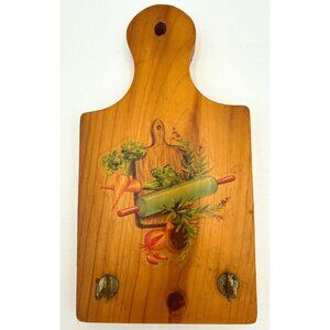 Vintage Wooden HB Pot Holder Plaque Hand-Painted Vegetable Design & Brass Hooks